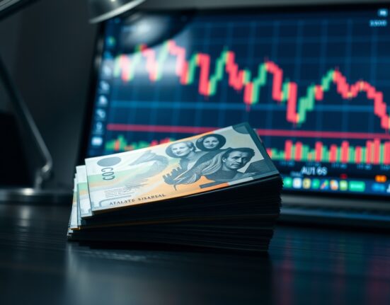 Australian dollar banknotes in foreground with a forex chart showing a decline in the background