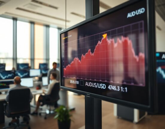 AUD/USD chart on a trading screen showing recent price movement