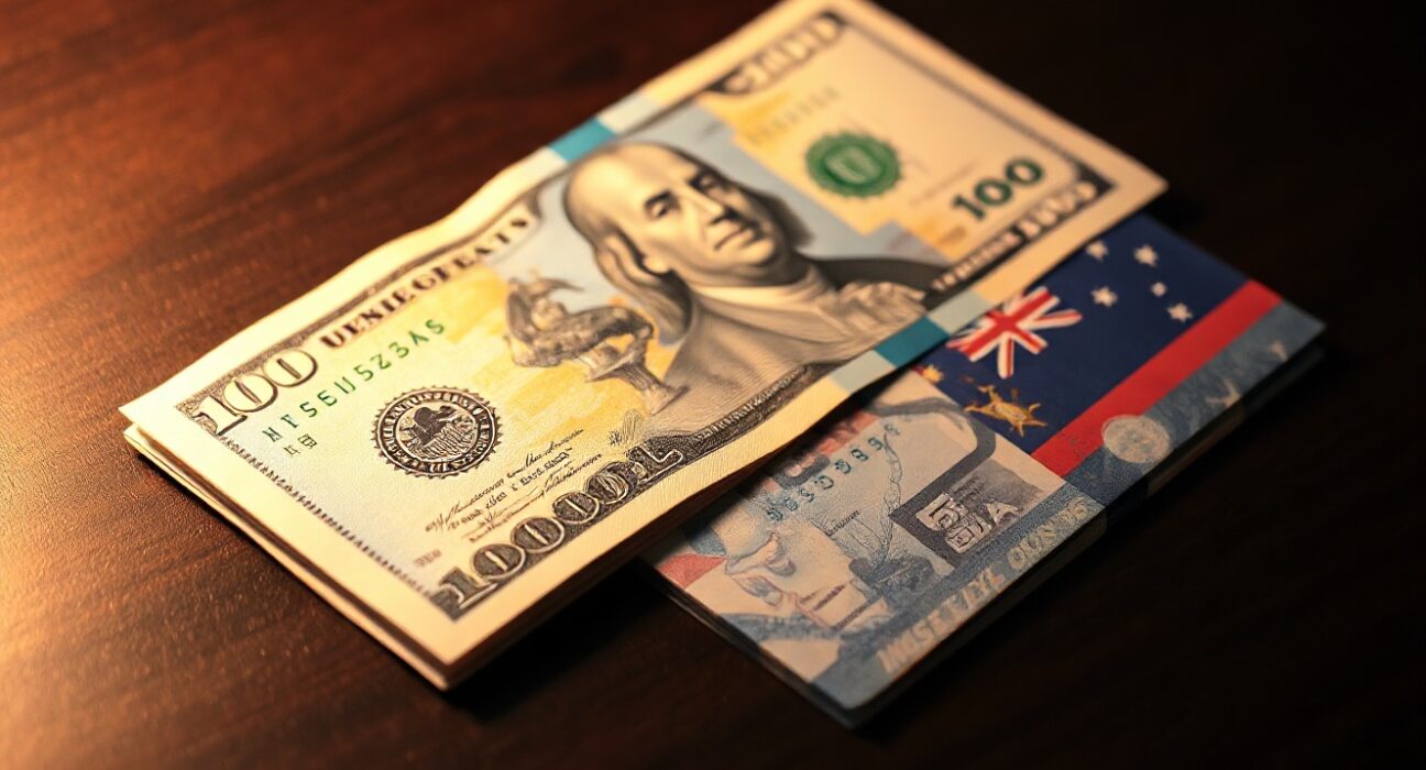 US Dollar and Australian Dollar banknotes on a desk, with the US Dollar in focus and the Australian Dollar slightly blurred to represent its decline.