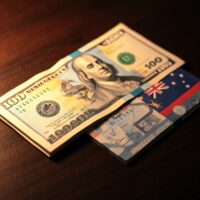 US Dollar and Australian Dollar banknotes on a desk, with the US Dollar in focus and the Australian Dollar slightly blurred to represent its decline.