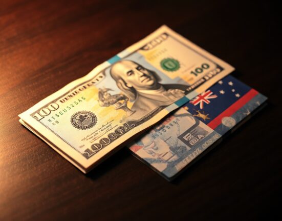 US Dollar and Australian Dollar banknotes on a desk, with the US Dollar in focus and the Australian Dollar slightly blurred to represent its decline.