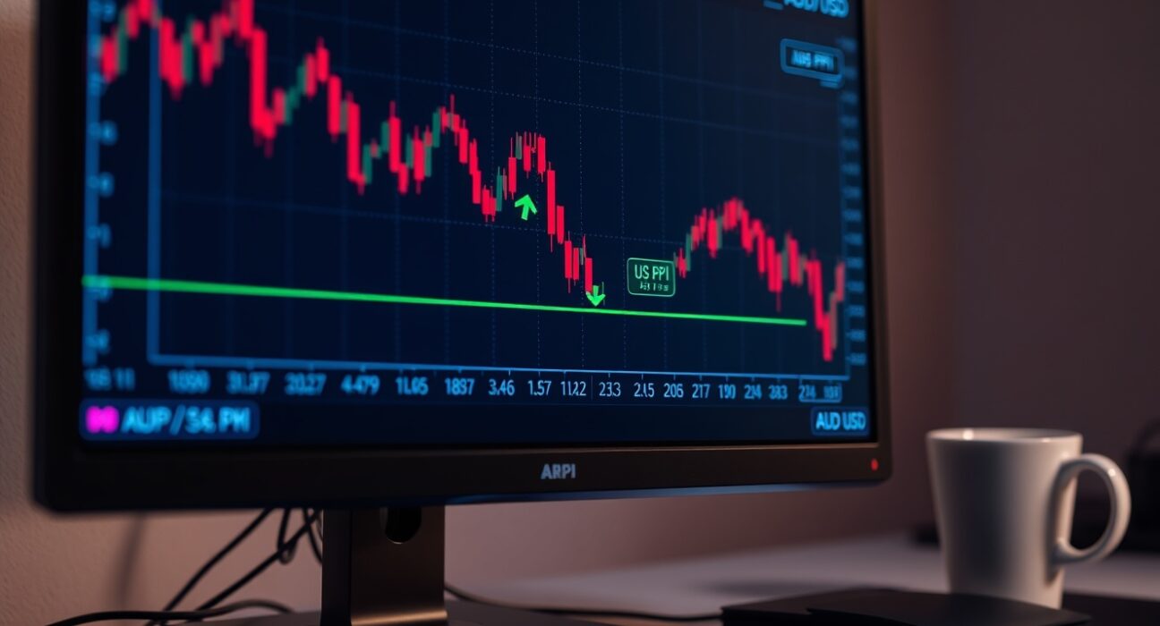 Forex trading screen showing AUD/USD chart dropping after strong US PPI data release