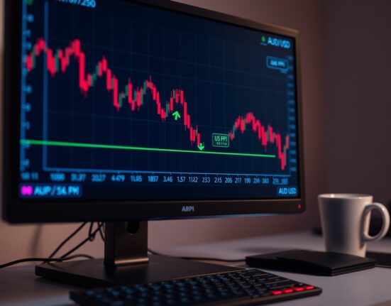 Forex trading screen showing AUD/USD chart dropping after strong US PPI data release