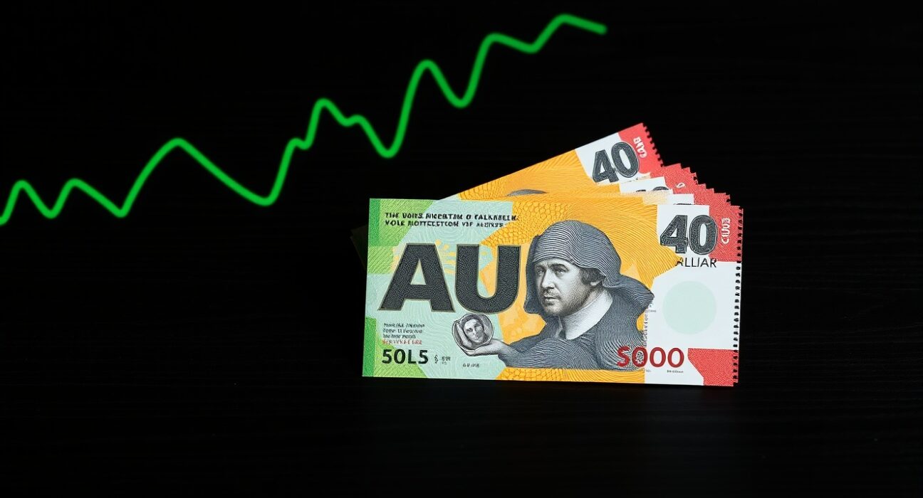 Australian dollar banknotes with a green upward-trending graph overlay representing currency strength