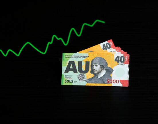 Australian dollar banknotes with a green upward-trending graph overlay representing currency strength