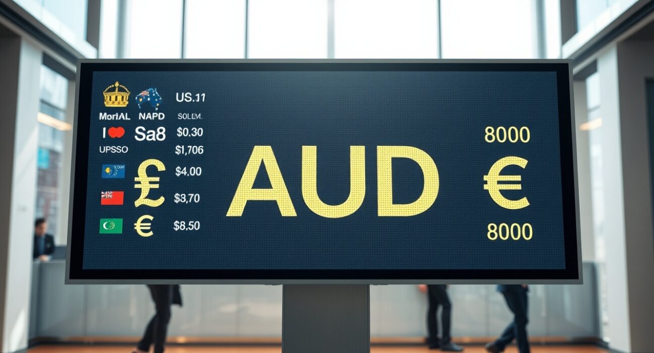 Digital trading screen showing Australian Dollar exchange rates in a modern financial news studio