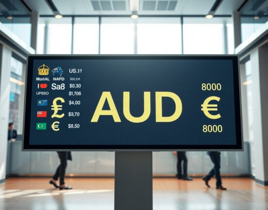 Digital trading screen showing Australian Dollar exchange rates in a modern financial news studio