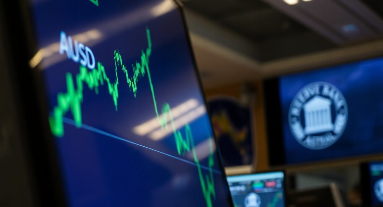 AUD/USD currency chart rising on a trading floor screen after RBA decision