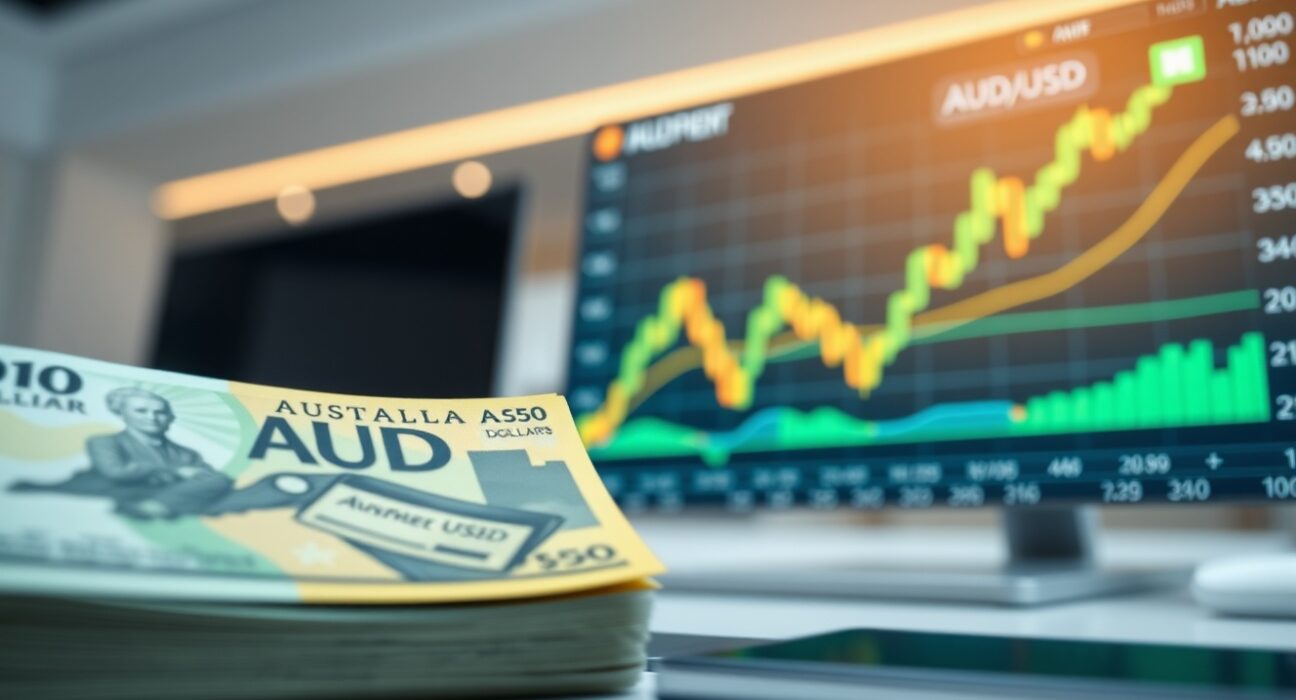 Australian Dollar banknotes and a rising AUD/USD chart on a trading screen