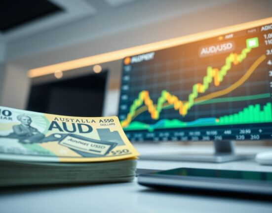 Australian Dollar banknotes and a rising AUD/USD chart on a trading screen