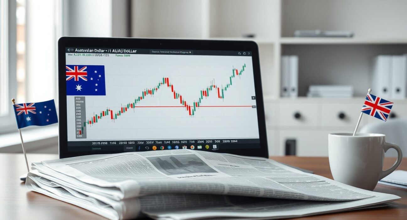 AUD/USD chart showing upward trend on a laptop screen with newspaper and Australian flag on desk