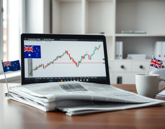 AUD/USD chart showing upward trend on a laptop screen with newspaper and Australian flag on desk