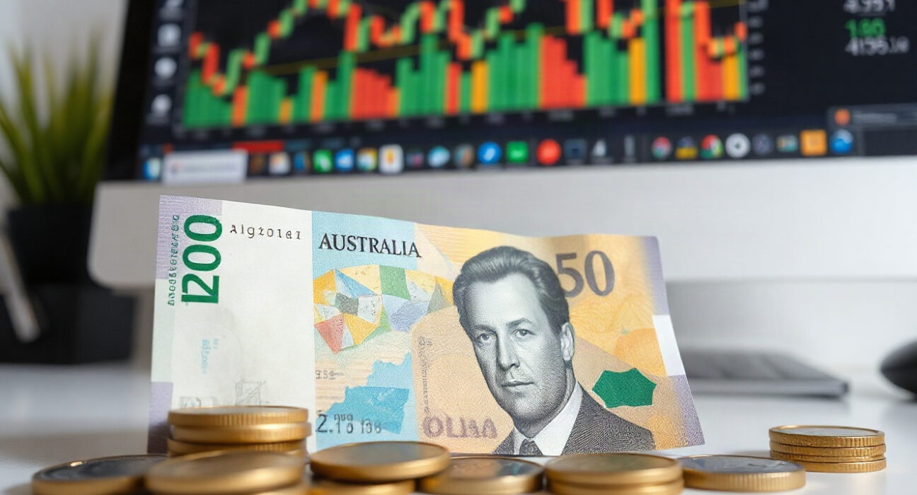 Australian dollar banknotes and coins with a financial chart on a screen, symbolizing currency market reaction to GDP data