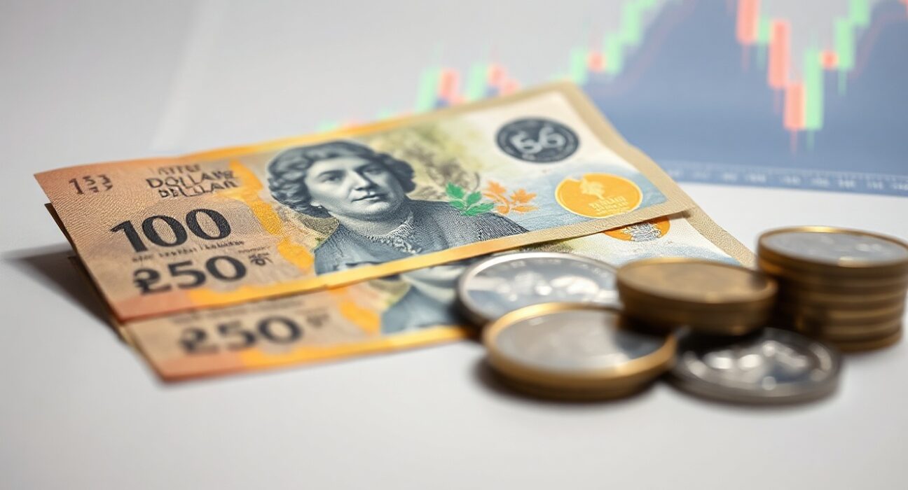 Australian Dollar banknotes and coins with a blurred financial chart in the background, symbolizing currency market movement.
