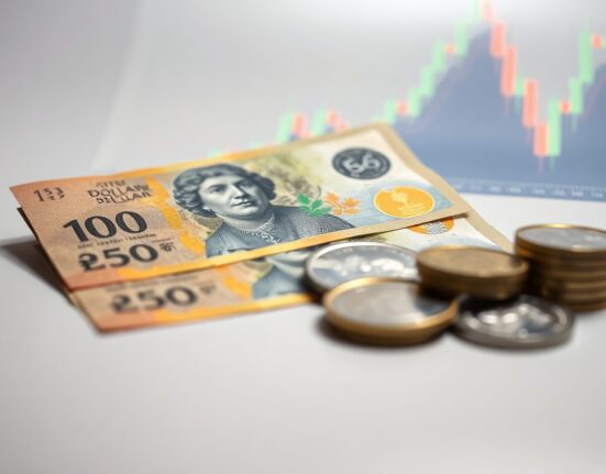 Australian Dollar banknotes and coins with a blurred financial chart in the background, symbolizing currency market movement.