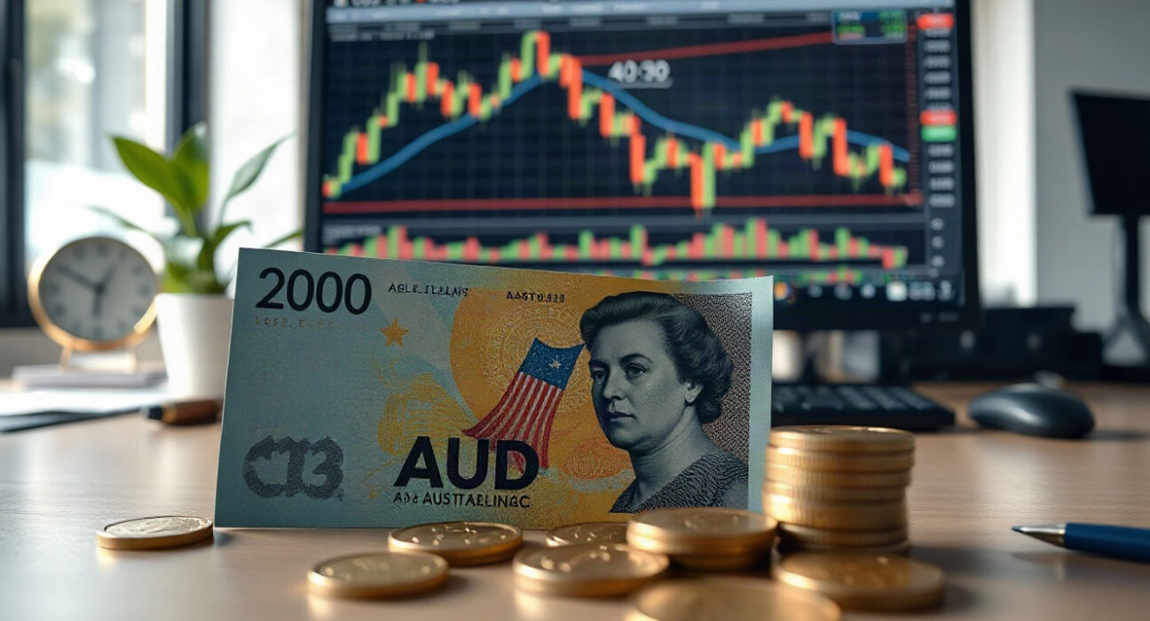 Australian Dollar banknotes and coins on a desk with a trading chart in the background