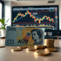 Australian Dollar banknotes and coins on a desk with a trading chart in the background