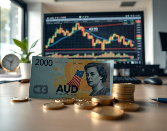 Australian Dollar banknotes and coins on a desk with a trading chart in the background