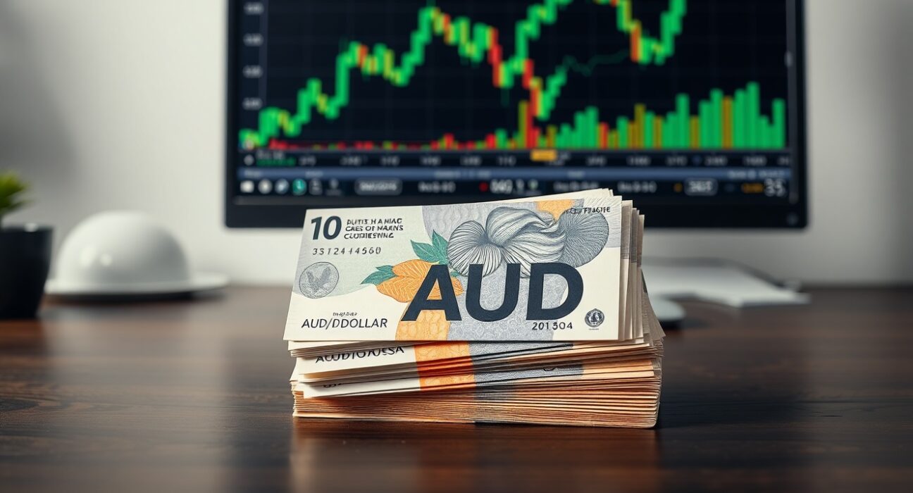 Stack of Australian Dollar banknotes on a desk with a computer monitor showing an AUD/USD chart in the background.