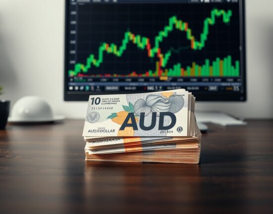 Stack of Australian Dollar banknotes on a desk with a computer monitor showing an AUD/USD chart in the background.