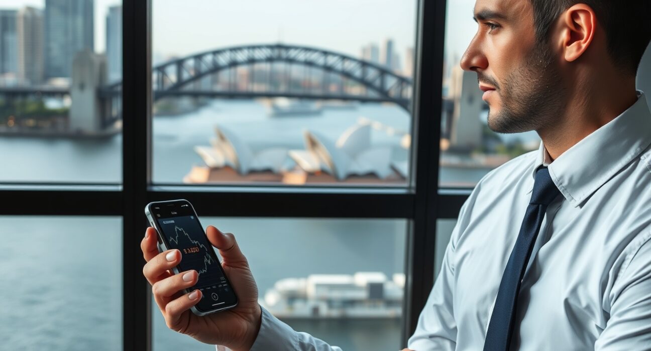 Businessperson viewing an AUD forex chart with an upward trend, Sydney skyline in background