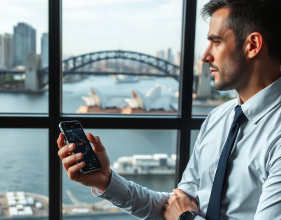 Businessperson viewing an AUD forex chart with an upward trend, Sydney skyline in background