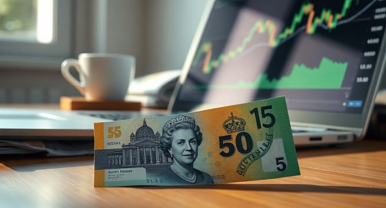 Australian Dollar banknote on desk with laptop showing forex chart