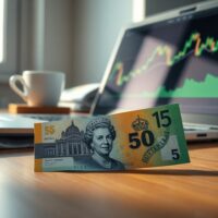 Australian Dollar banknote on desk with laptop showing forex chart