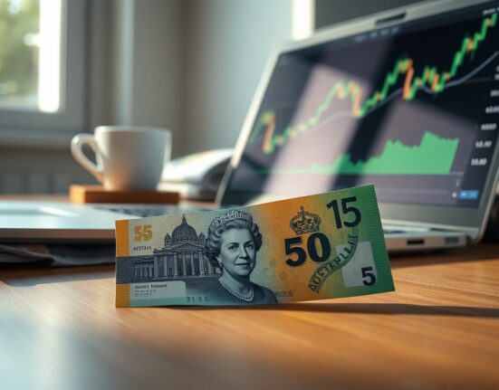 Australian Dollar banknote on desk with laptop showing forex chart