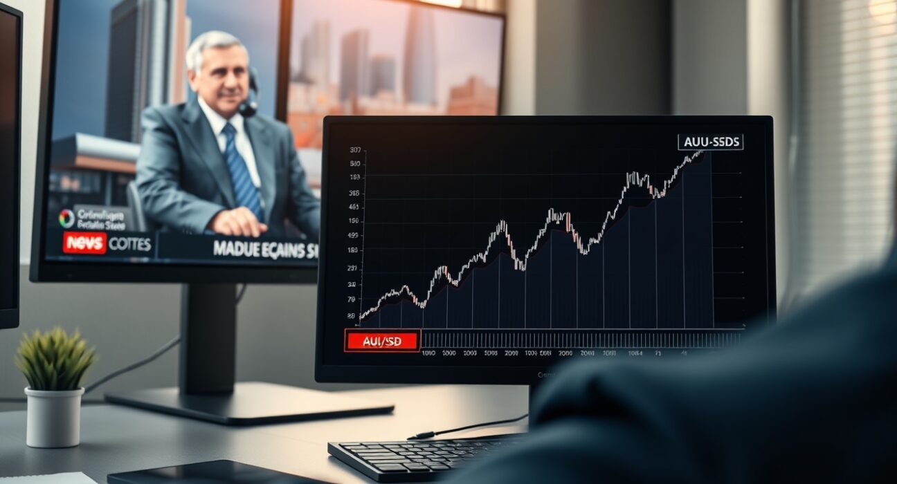 Australian Dollar AUD/USD chart rising on screen amid news of Trump's Iran peace call.