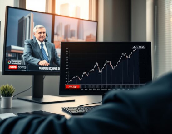 Australian Dollar AUD/USD chart rising on screen amid news of Trump's Iran peace call.