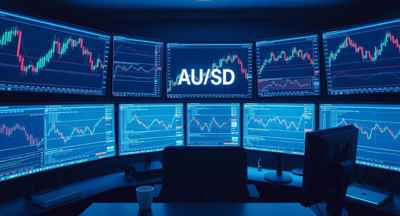 Forex trading desk with monitors displaying AUD/USD currency charts in a professional trading environment.