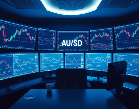 Forex trading desk with monitors displaying AUD/USD currency charts in a professional trading environment.