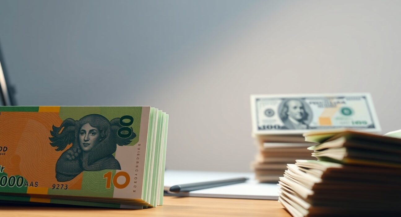 Australian Dollar and US Dollar banknotes on a desk, representing currency market movements.