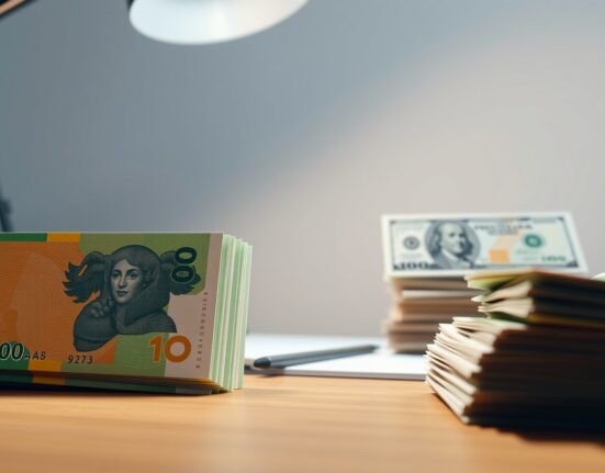 Australian Dollar and US Dollar banknotes on a desk, representing currency market movements.