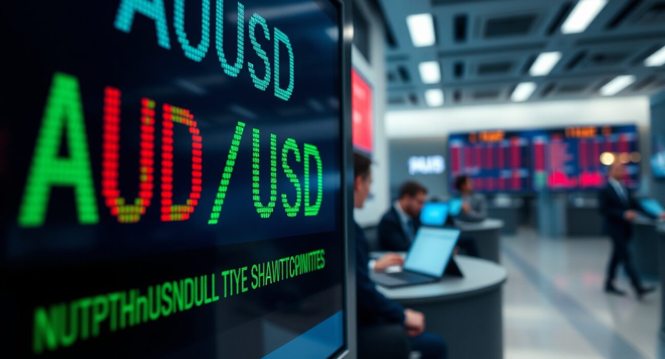 AUD/USD exchange rate displayed on a digital trading screen in a financial district.