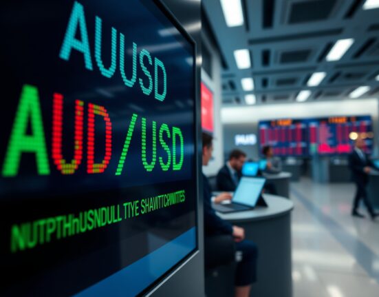 AUD/USD exchange rate displayed on a digital trading screen in a financial district.