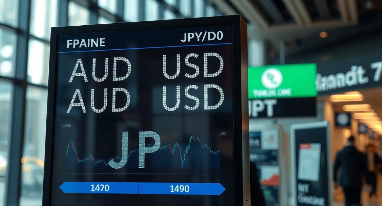 Currency exchange board showing AUD/USD and JPY/USD rates in a financial district