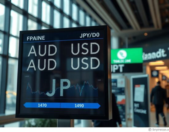 Currency exchange board showing AUD/USD and JPY/USD rates in a financial district