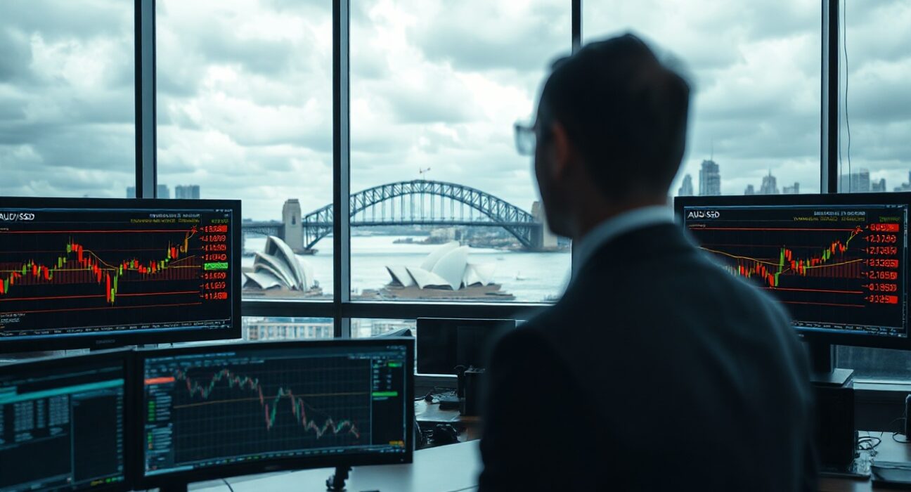 Trading desk monitors showing AUD/USD charts in a Sydney office with Harbour Bridge view