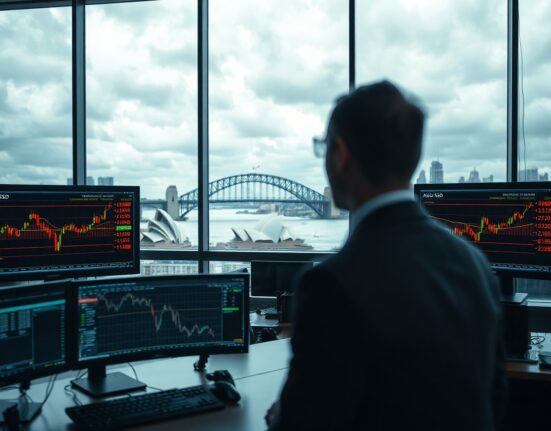 Trading desk monitors showing AUD/USD charts in a Sydney office with Harbour Bridge view