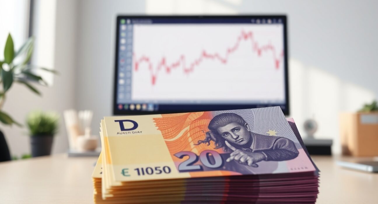 Australian dollar banknotes with a declining forex chart in the background representing AUD weakness.