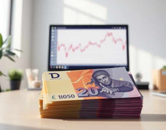 Australian dollar banknotes with a declining forex chart in the background representing AUD weakness.