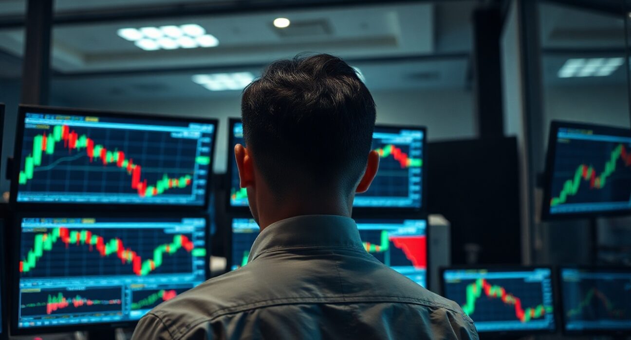Analyst monitors showing AUD/USD currency charts with downward trend in a professional trading environment.