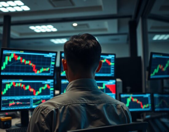 Analyst monitors showing AUD/USD currency charts with downward trend in a professional trading environment.