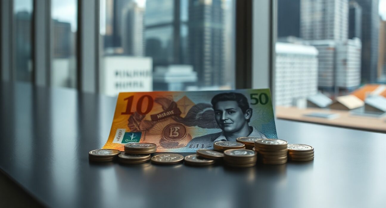 Australian dollar banknotes and coins on a desk, symbolizing the currency's recent stability without RBA intervention.