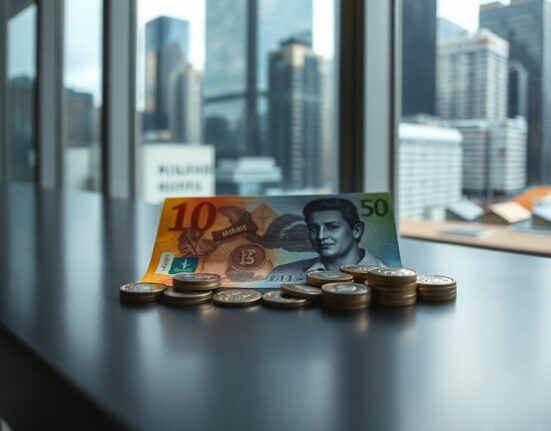 Australian dollar banknotes and coins on a desk, symbolizing the currency's recent stability without RBA intervention.