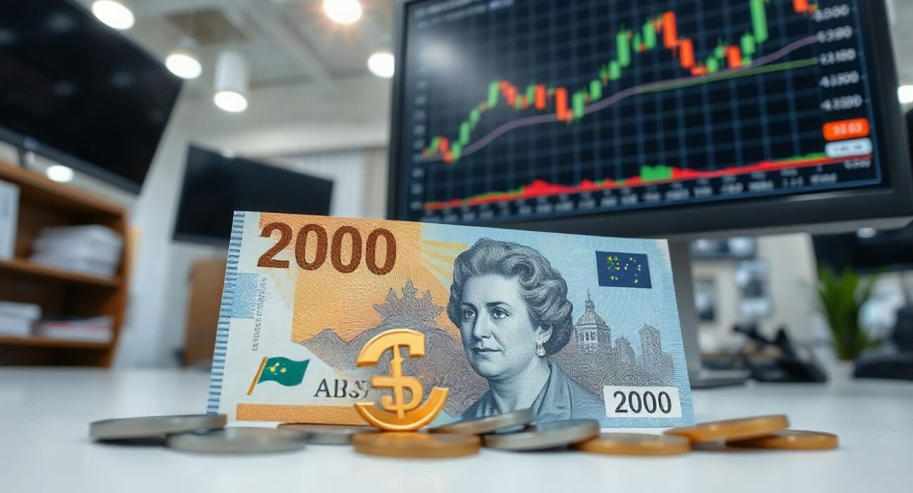 Australian dollar banknotes and coins on a trading desk with a currency chart on a monitor in the background.