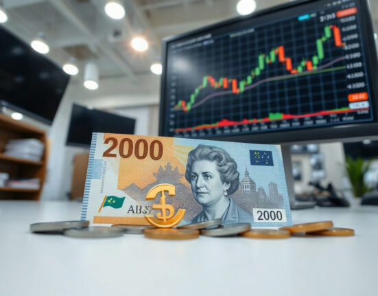 Australian dollar banknotes and coins on a trading desk with a currency chart on a monitor in the background.