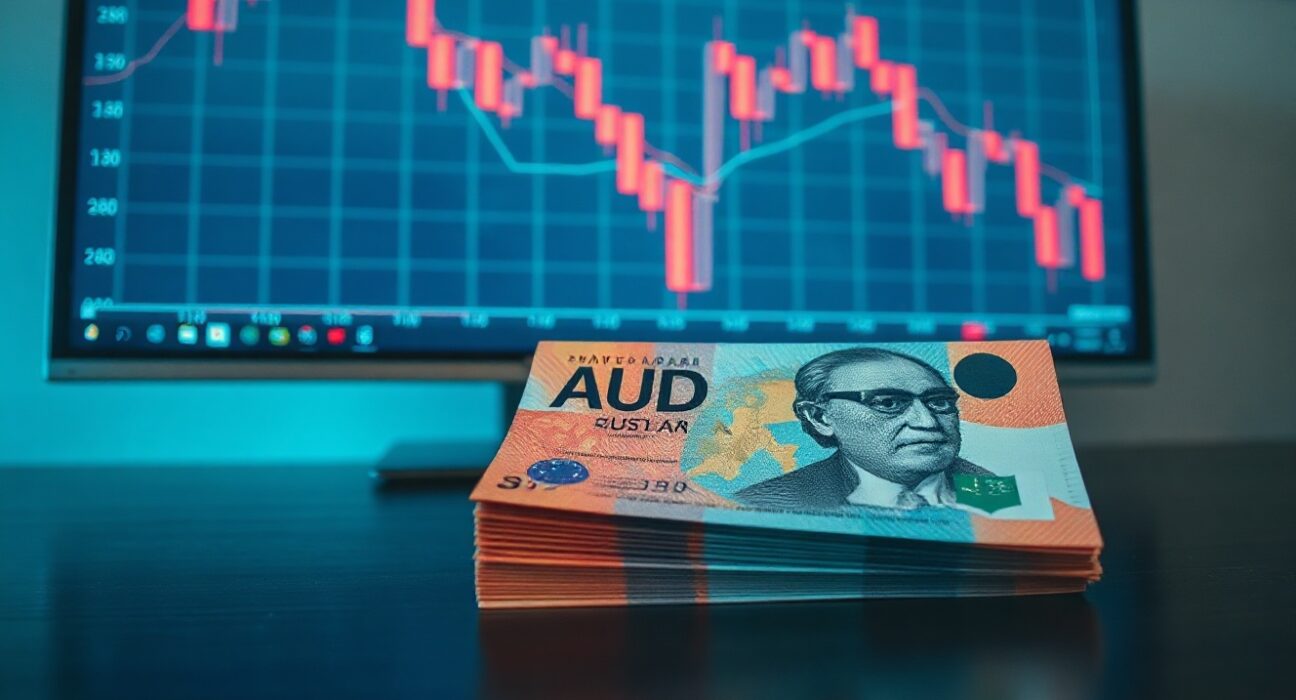 Stack of Australian Dollar banknotes with a blurry background showing a declining AUD/USD chart.